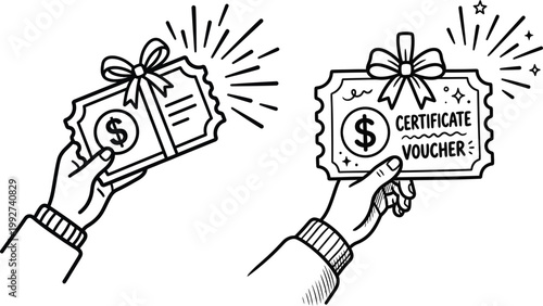 Hands holding sparking gift certificates and vouchers with dollar sign for promotions gift certificate discount promotion shopping financial
