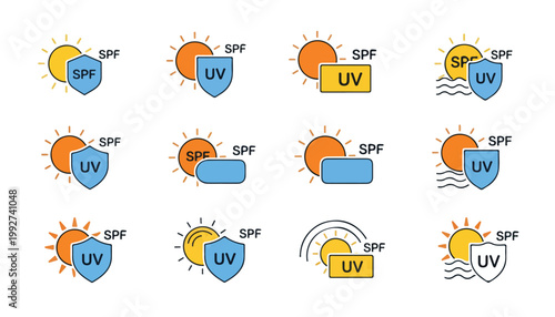 Collection of sun protection icons with SPF and UV symbols on white background for skin theme and health awareness materials