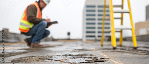 Safety inspector roof damage construction worker insurance adjuster building inspection safety equipment urban rooftop worker note taking hazard