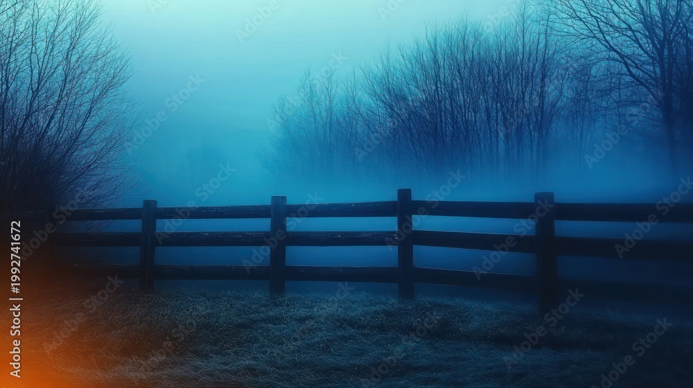 Obraz premium wooden fence across a frosty field with bare trees shrouded in blue fog and a distant warm orange glow, evoking quiet, mysterious solitude