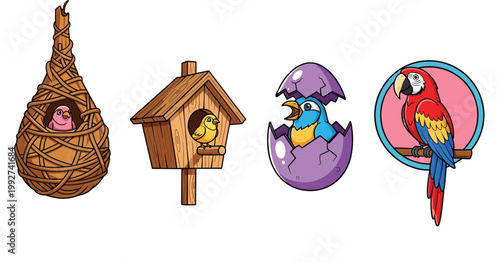 Bird Cartoon Collection with Nest Birdhouse Hatching Chick and Parrot Colorful Wildlife Illustration Vector Set
