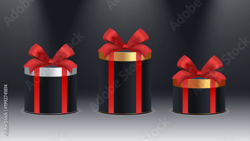 3D Round Gift Box Set Wrapped with Red Ribbon and Bow Gold Silver and Bronze Winner Champion Black Cylindrical Present Collection Luxury Holiday Packaging Vector Illustration
