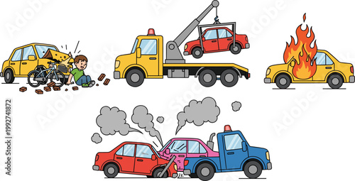 Car Accident and Tow Truck Collection with Collision Crash Fire Breakdown and Roadside Assistance Cartoon Vector Illustration Set