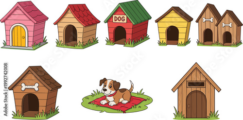 Cartoon Dog House Collection with Cute Puppy Kennels Wooden Pet Homes and Animal Shelter Vector Illustration Set