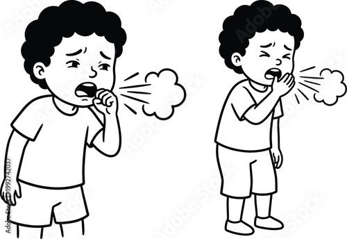 Two vector illustrations of young boys coughing symptoms of illness sickness cold or flu and demonstrating the importance of hygiene with coughing