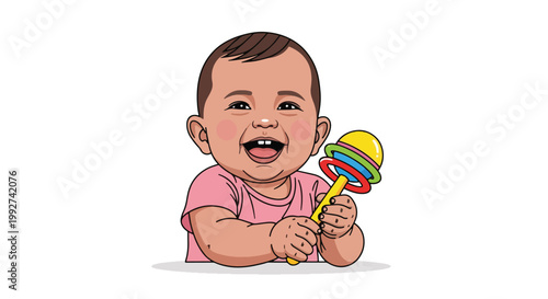 A baby holding a colorful rattle toy.