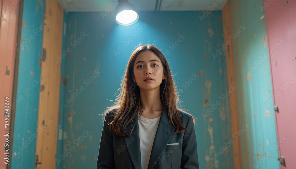 Fototapeta premium Young woman in a blazer standing under a light in a hallway with colorful lockers