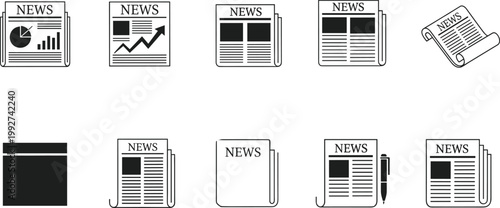 Newspaper icons set news media press publication headlines journalism flat vector illustration collection vintage style