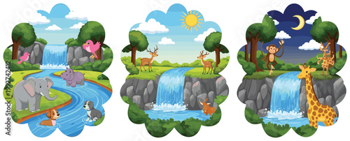 Foto Cartoon Nature Scenes Collection with Waterfall River Forest Animals Day and Nig