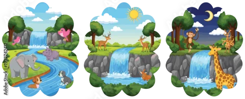 Obraz Cartoon Nature Scenes Collection with Waterfall River Forest Animals Day and Night Landscape Vector Illustration Set