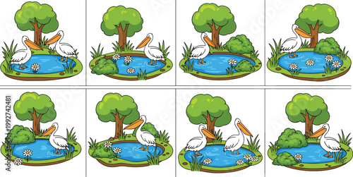 Cartoon Pelican Pond Scenes Collection with Trees Water and Birds Nature Landscape Vector Illustration Set