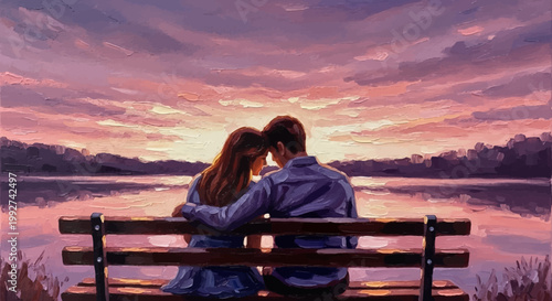 A couple sitting on a bench by a lake, watching a beautiful sunset, with their heads touching in a romantic embrace.