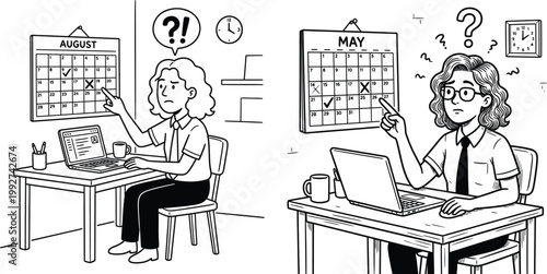 Confused businesswoman struggles with calendar and laptop time management and scheduling challenges at work line art businesswoman