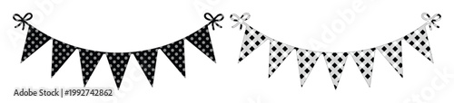 Polka dot bunting flags vector set, black and white party garland banners, decorative hanging pennants for celebration events and birthday decor
