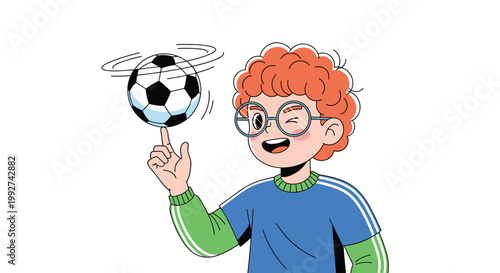 Talented young boy with curly red hair and glasses winking while spinning a soccer ball on his finger against a plain white background.