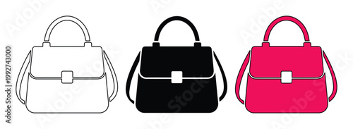 Fashion handbag vector icons set, elegant female purse in black and pink colors, stylish lady shoulder bag collection for retail and shopping design