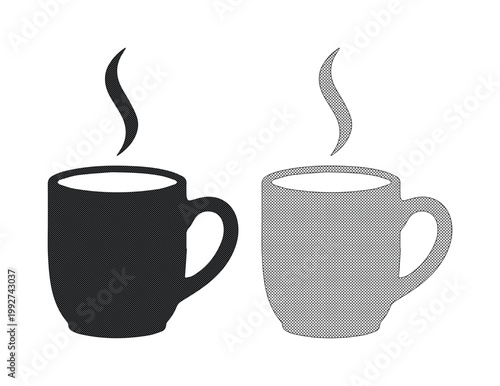 Minimalist coffee cup icons with steam, black and grey ceramic mug vector set, hot beverage symbols for cafe branding and menu design
