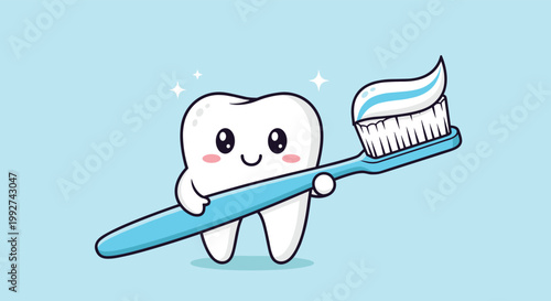 Cute anthropomorphic white tooth character smiles and holds a blue toothbrush with a swirl of minty toothpaste on it.