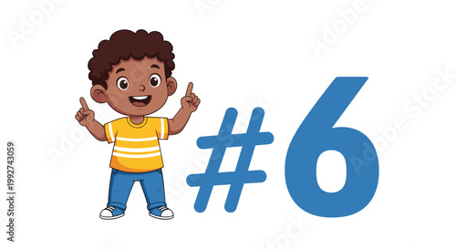 Smiling young boy with dark curly hair points his fingers up while standing next to a large blue number six and hashtag.
