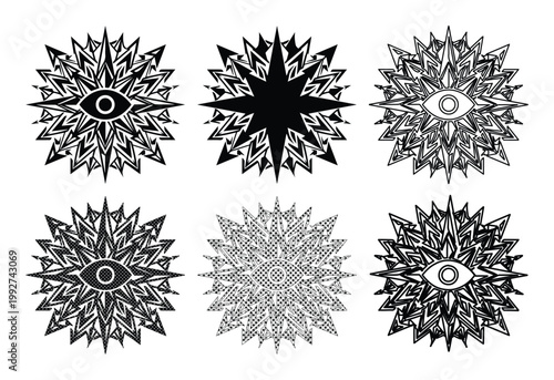 Mystical occult eye symbols set, esoteric sacred geometry mandalas with 6 vector elements, black and white celestial sunburst icons for tattoo design