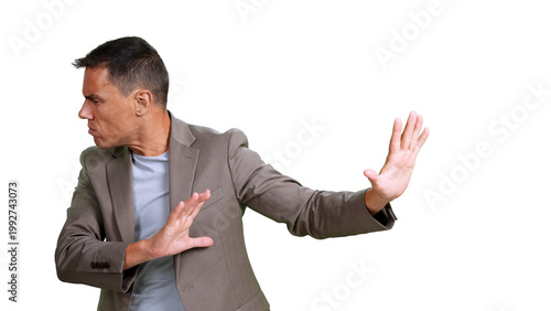 Foto Man making stop gesture refusing, avoiding, denying transparent background