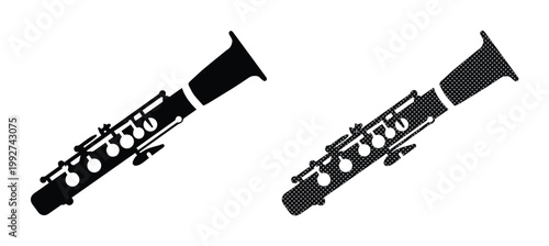 Clarinet silhouette vector icons, black woodwind musical instrument symbols, set of two minimalist clarinet graphics for jazz and orchestral design