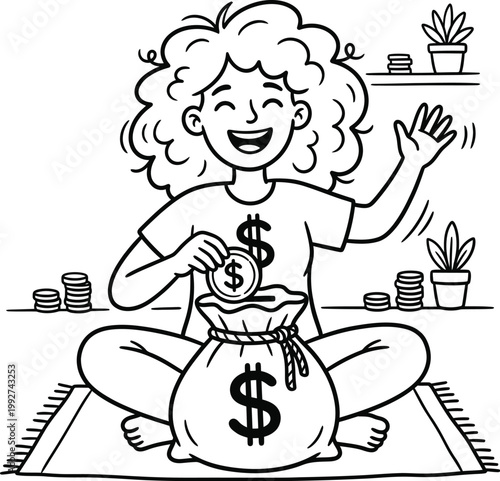 Happy woman saving money putting dollar coin into large money bag financial planning and wealth accumulation concept vector illustration line art