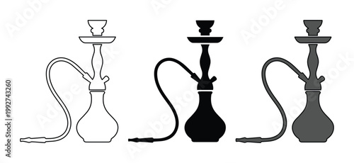 Hookah vector icon set, traditional shisha silhouette collection, oriental water pipe line art, minimalist smoking equipment for lounge menus