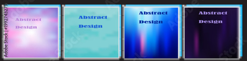 Four vertical panels displaying abstract designs with gradient colors and text overlays