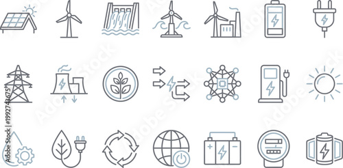 Modern line icons representing sustainable energy sources, power generation, and environmental concepts for technology.