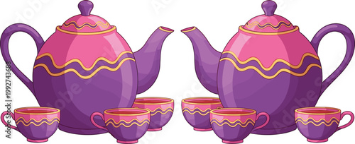 Elegant Teapot and Cups Collection with Decorative Tea Set Traditional Drinkware Cartoon Vector Illustration Set