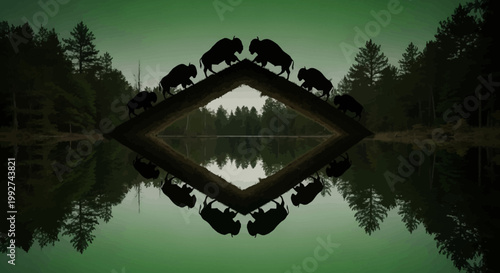 Silhouettes of bison walking on a diamond-shaped bridge reflected perfectly in tranquil water.