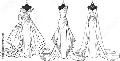 Elegant Wedding Dress Collection with Luxury Bridal Gowns Fashion Design Sketches Formal Evening Wear Vector Illustration Set