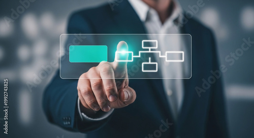 Businessman navigating a virtual workflow diagram, optimizing operational strategies and modernizing enterprise management systems