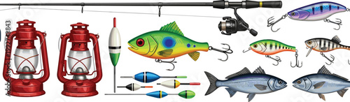 Fishing Equipment Collection with Rod Reel Lures Floats Lanterns and Fish Outdoor Angling Vector Illustration Set