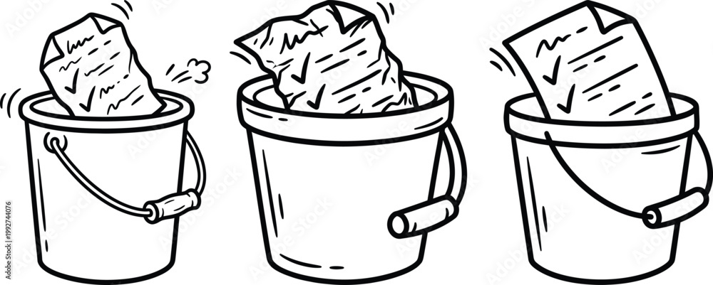 Obraz premium Workflow process of documents in buckets from crumpled to organized checklist with black and white line art document crumpled checklist completed