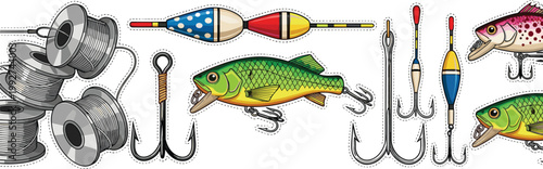 Fishing Tackle Collection with Hooks Floats Lures and Line Spools Angling Equipment Vector Illustration Set
