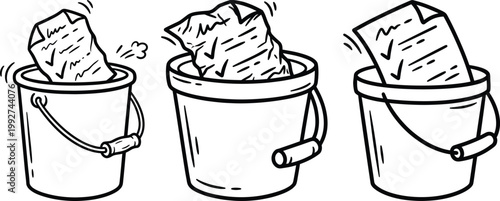 Workflow process of documents in buckets from crumpled to organized checklist with black and white line art document crumpled checklist completed