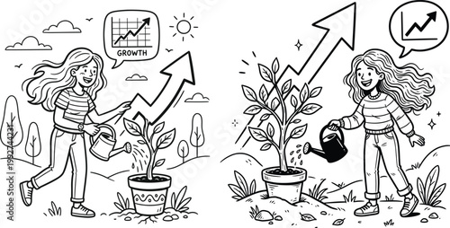 Young woman watering a potted plant with an upward arrow symbolizing business and financial growth black and white line art business investment