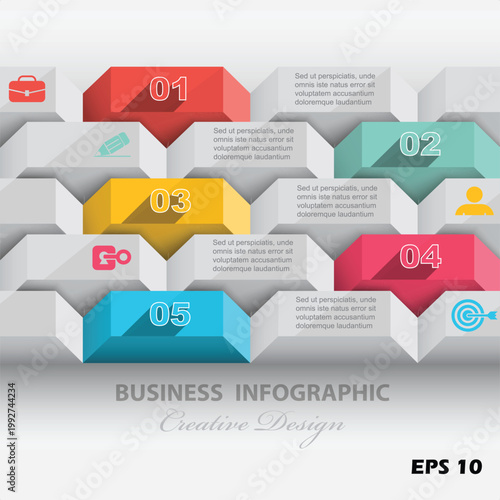 5-Step Modern 3D Business Infographic. Professional Vector Template with Staggered Geometric Tabs, Long-Shadow Numbers, and Strategic Business Icons.