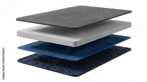 Cross section workout mat exploded layers with gray top foam core blue comfort pad and textured traction base concept