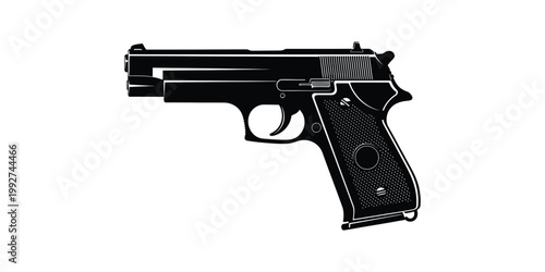 A Detailed Close-Up View of a Sleek, Black Semi-Automatic Handgun with a Polished Finish, Against a Clean White Background