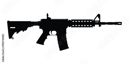Black silhouette of a modern automatic rifle, depicting a firearm often used in military and tactical applications, presented as a graphic vector illustration on a clean white background