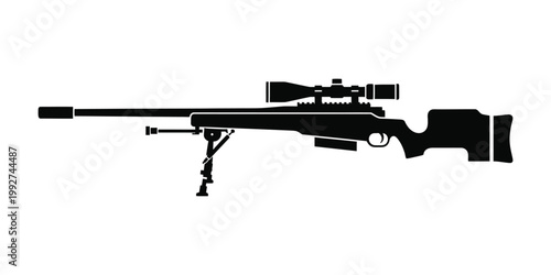 Silhouette of a sniper rifle with scope and bipod, showcasing precision and tactical equipment for military or sport shooting