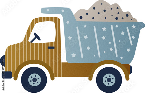 A whimsical, hand-drawn illustration of a dump truck or tipper truck, featuring a brown striped cab and a blue cargo bed with stars, carrying a pile of sand. This clean, isolated vector-style artwork 