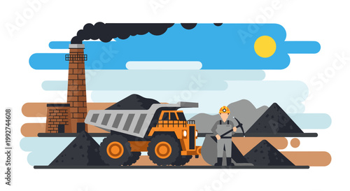 Industrial scene with a large yellow dump truck loaded with coal next to a brick chimney emitting dark smoke, under a bright sun and blue sky, with a miner holding a pickaxe.