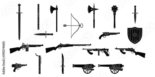 A diverse collection of historical and modern weaponry, including swords, axes, bows, firearms, and shields