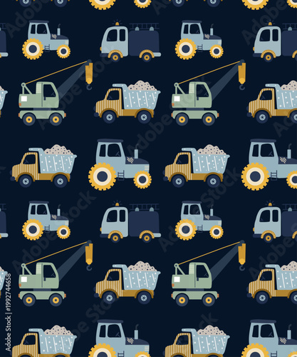 Seamless Pattern with Cartoon Construction Vehicles for Nursery Wallpaper and Kids Fabric
