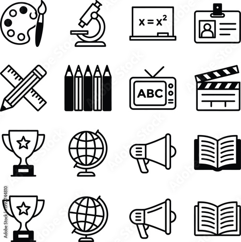 Set of education learning creative media icons including palette microscope globe book with black and white line art education learning creativity