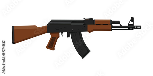 A detailed illustration of an AK-47 rifle, showcasing its classic design with wooden furniture and black metal components on a white background